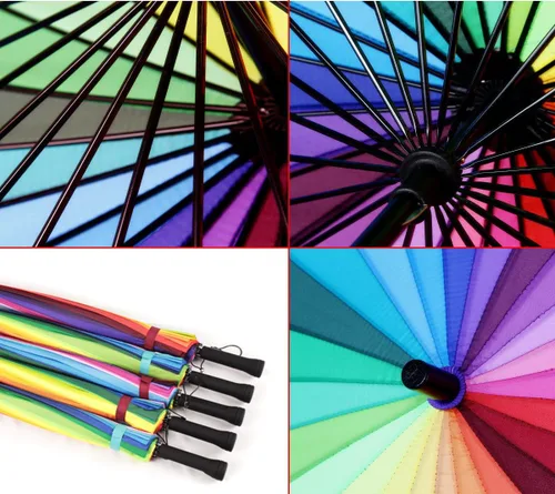 Miniatura 6 de 24k color arco iris paraguas moda mango largo recto anti-UV sol/lluvia stick paraguas manual grande parasol