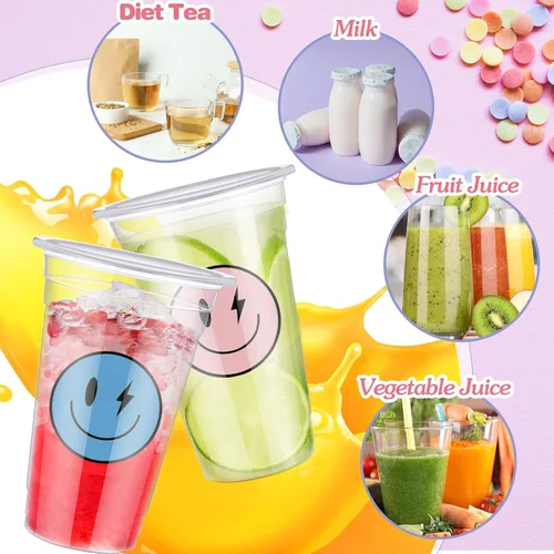 Miniatura 3 de Norme Juego de 52 vasos de plástico con tapa de cara sonriente de 16 onzas, tazas de café helado desechables transparentes con rayas