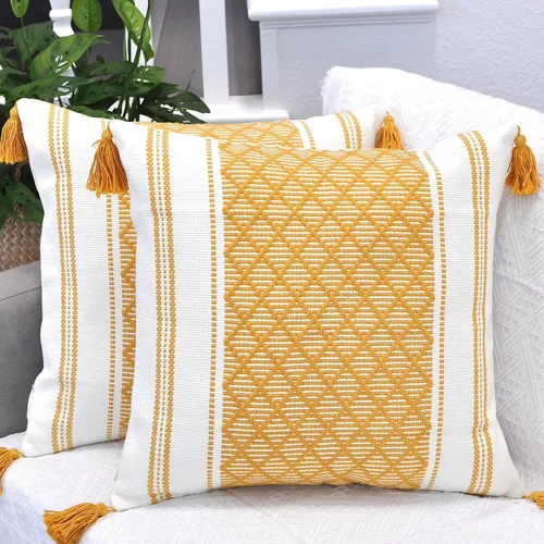 Juego de 2 fundas de almohada bohemias con borlas, color amarillo mostaza y blanco, 18 x 18 pulgadas, fundas de almohada cuadradas decorativas para
