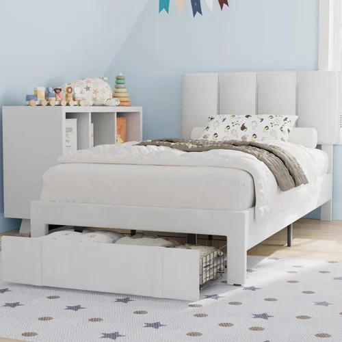 Miniatura 14 de VECELO - Base de cama tamaño individual con cabecera tapizada, plataforma con soporte de listones de madera de alta resistencia, no necesita somier