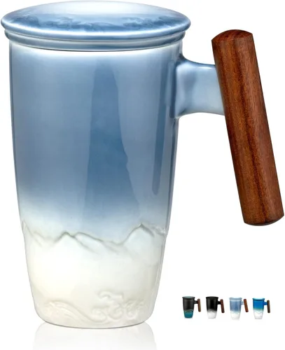 Miniatura 11 de suyika Tomotime - Taza de té de cerámica con infusor y tapa, asa de madera, 13.5 onzas (400 ml) (Azul cian)