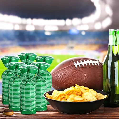 Miniatura 5 de Blulu 100 bolsas de golosinas de fútbol de celofán, bolsas de plástico sellables con calor de celofán con lazos plateados, recuerdos de fiesta