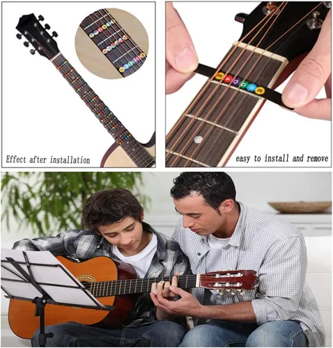 Miniatura 4 de Adhesivos para diapasón de guitarra Kimlong, calcomanías con código de colores para principiantes con mapa de trastes para práctica, para guitarras