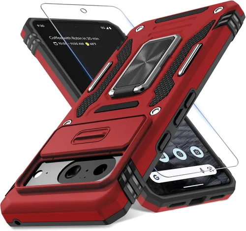 DEERLAMN Funda para Google Pixel 8 con cubierta deslizante para cámara + protector de pantalla (1 paquete), soporte de anillo giratorio grado