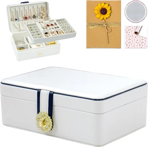 Regalos de graduación para niñas, joyero grande de 2 capas con espejo, tarjeta de regalo hecha a mano y papel de regalo, soporte de joyería de piel