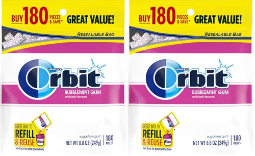 Miniatura 8 de ORBIT Goma de mascar Bubblemint sin azúcar a granel, bolsa resellable de 180 piezas, goma de mascar a granel