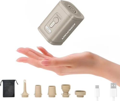 Miniatura 10 de Mini bomba de aire eléctrica portátil para inflables, luz de campamento (SOS), 5 boquillas universales, clip de mosquetón, recargable de 1200 mAh