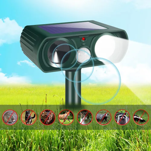 Miniatura 5 de Repelente solar de animales, paquete de 4 repelentes ultrasónicos de animales al aire libre con sensor de movimiento y luz intermitente