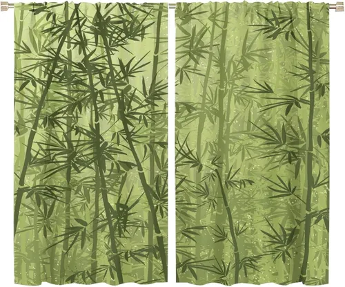 Miniatura 60 de Cortinas con estampado de bambú, tallos y hojas de bambú, temática oriental natural, oscurecimiento de habitación, ventana, ventana, cortina