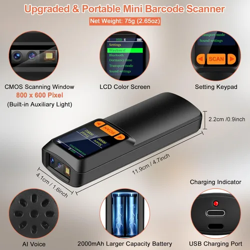 Miniatura 3 de KUIIYER Mini escáner de código de barras Bluetooth, escáneres inalámbricos 2D QR 1D de código de barras con pantalla LCD y teclado de ajuste y voz