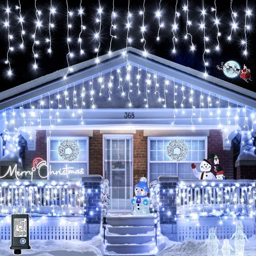 Miniatura 18 de Luces de Navidad de carámbano para exteriores, 66 pies, 640 luces LED de Navidad azules y blancas, 8 modos con 120 gotas, luz de carámbano