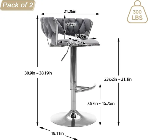 Miniatura 2 de Juego de 2 taburetes de bar giratorios de terciopelo, modernos taburetes de bar ajustables con respaldo tejido, taburete de bar de altura