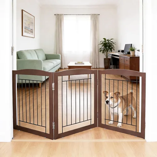 Miniatura 26 de ZJSF Puerta plegable independiente para perros, puerta de madera extra ancha blanca para cachorros, 6 paneles, puertas altas para mascotas