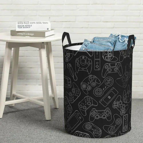 Miniatura 7 de Cesta de Ropa Sucia Redonda con Fondo de Controlador de Videojuegos, Canasta de Almacenamiento de Gadgets Gaming, Organizador de Juguetes y Ropa
