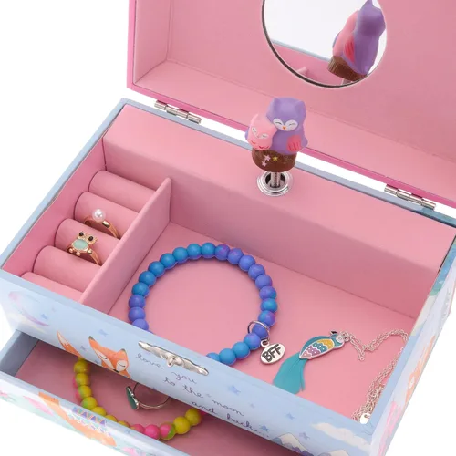 Miniatura 4 de Jewelkeeper Caja de almacenamiento de joyería musical para niña, cajón extraíble, diseño de búhos del bosque, Twinkle Twinkle Little Star Tune