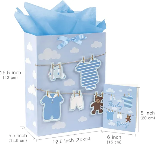 Miniatura 7 de Loveinside Bolsa de regalo para bebé niño con papel de seda y tarjeta de felicitación para baby shower, nuevos padres y más, 16.5 x 12.6 x 5.7