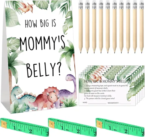 Miniatura 26 de Sabary 64 Piezas Juegos de Baby Shower Incluyen Letrero How Big is Mommy's Belly Sign Measure Bump Game 50 Tarjetas 10 Lápices 3 Cintas Métricas