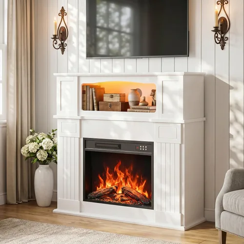 Miniatura 8 de PRETZI Chimenea eléctrica de 43 pulgadas con repisa, chimenea eléctrica de madera negra envolvente con repisa, inserto de chimenea de imitación