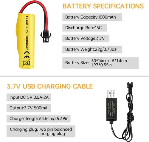 Miniatura 2 de 3 unids 3.7 V 1000 mAh batería de iones de litio con cable de carga USB para TB202 TB201 TM202 TC141 DE35 DE38 DE40 DE50 DE84 S767 SL-356A 1220A RC