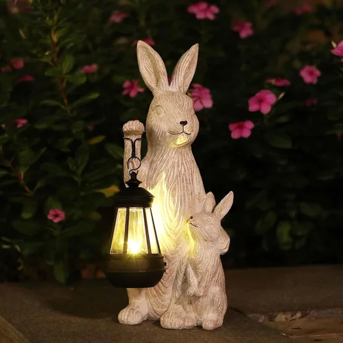 Miniatura 7 de Estatuas de jardín REYISO con luces solares - Figurina de conejo al aire libre, decoración de conejo para otoño en el césped, balcón - Arte