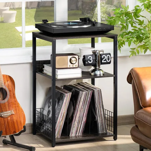 Miniatura 14 de LELELINKY - Soporte grande para tocadiscos negro de 18" de ancho, mesa auxiliar de 3 niveles con almacenamiento para vinilos hasta 130 álbumes