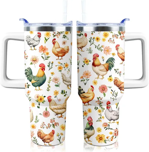 Miniatura 16 de Vaso de 40 onzas con asa y tapa con popote a prueba de fugas, diseño de pollo y gallo, taza de viaje de café con asa aislada para bebidas frías