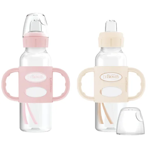 Dr. Brown's Milestones - Botella de boquilla estrecha con 100% silicona, asas de fácil agarre y boquilla suave para sorber, 8 onzas, rosa claro y