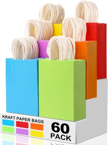 XPCARE 60 Bolsas de Regalo de Papel, 6.3"x3.15"x8.66" Bolsas de Papel Kraft para Recuerdos de Fiesta a Granel Bolsa de Dulces Arcoíris Bolsa de
