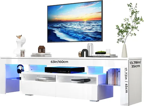 Miniatura 4 de Uspeedy Soporte de TV de 63 pulgadas para TV de 65/70 pulgadas, moderno soporte de TV LED para sala de estar, soporte de TV negro, centro de Blanco