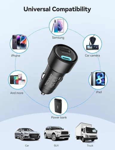 Miniatura 6 de TECKNET Cargador de coche USB [2 paquetes], 48 W 2 puertos encendedor de cigarrillos de carga rápida, PD&QC3.0 USBC adaptador de cargador de coche