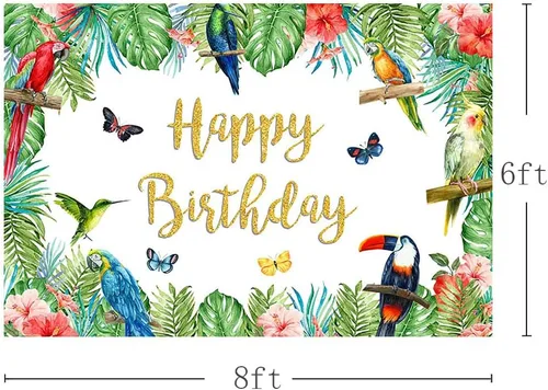 Miniatura 3 de MEHOFOND Telón de fondo de cumpleaños de pájaro tropical, tucán de verano, hojas de palma, purpurina dorada, pancarta de feliz cumpleaños, fondo