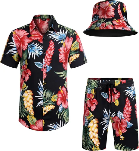 Miniatura 5 de COOFANDY Conjunto de camisa hawaiana y pantalón corto para hombre, traje de playa de 2 piezas con sombreros de pescador