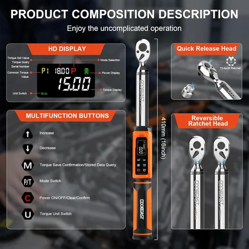 Miniatura 2 de coobeast Llave dinamométrica digital, llave dinamométrica electrónica de accionamiento de 3/8 con valor preestablecido