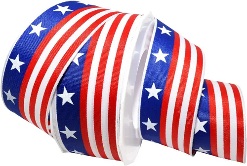 Miniatura 17 de Morex Ribbon Carrete de cinta de satén con alambre de estrellas y rayas, 2-1/2 pulgadas por 3 yardas, rojo/blanco/azul Estrellas y rayas con cable
