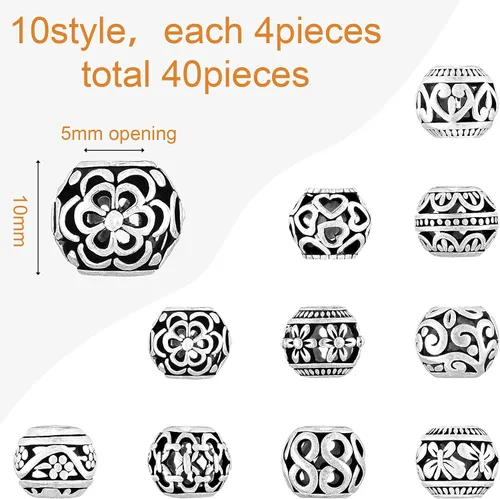 Miniatura 2 de 40 piezas de cuentas espaciadoras de tono plateado, cuentas huecas de aleación tibetana de filigrana de 10 mm, cuentas metálicas pequeñas