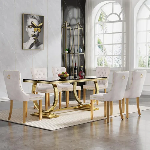 Miniatura 34 de HomVent Juego de mesa de comedor moderna de mármol sintético para 4 personas, mesa de cocina rectangular con 4 sillas beige (dorado)