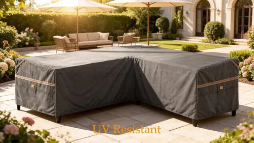 Miniatura 6 de Funda impermeable para sofá modular en forma de V para exteriores, resistente a los rayos UV, para muebles de patio de 5 plazas, 85 pulgadas de Gris