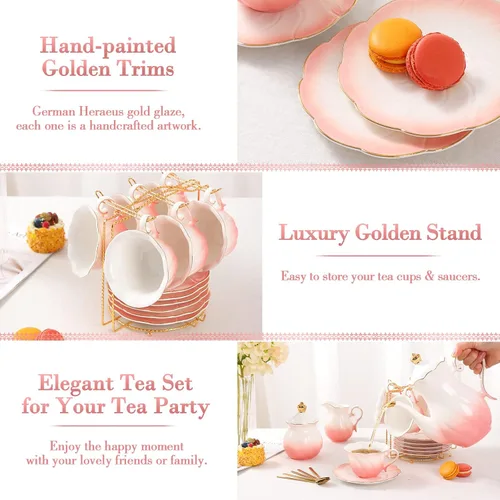 Miniatura 4 de DUJUST Juego de té de porcelana de 22 piezas para 6, lujoso juego de tazas de té/café estilo británico con ribete dorado, hermoso juego de té