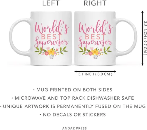 Miniatura 5 de Andaz Press Taza de café de 11 onzas, mejor supervisor del mundo, diseño floral rosa, paquete de 1, hermosas ideas únicas para cumpleaños, Navidad