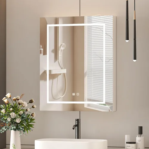 Miniatura 8 de Gabinetes de medicina LED para baño, botiquín iluminado con espejo, tocador de baño de montaje en superficie con almacenamiento, brillo ajustable