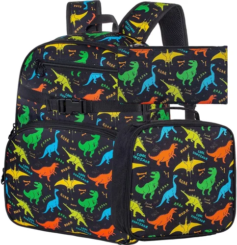 Mochila de 3 piezas para niñas y niños, 16 pulgadas para niños, bolsa de libros de dinosaurio mermeid arcoíris con lonchera y mochila escolar para
