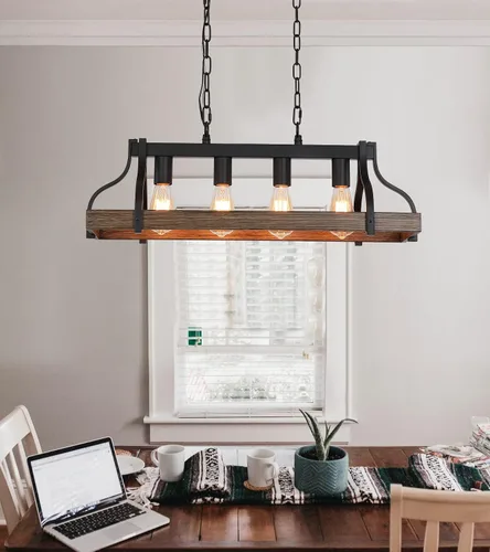 Miniatura 8 de MEIXISUE Lámpara rústica para isla de cocina, comedor, candelabro lineal estilo granja, acabado negro y madera retro, 4 luces, lámpara colgante