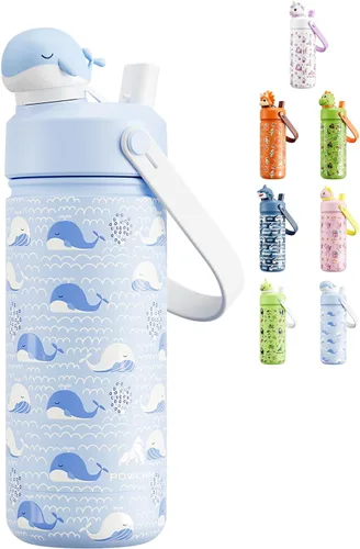 Miniatura 15 de POWCAN 12 oz Insulated Water Bottle for School: 2-in-1 Straw Spout Lid with Soft Animal Head, BPA-Free, Leakproof, Keep Cold 24H, Easy Carry
