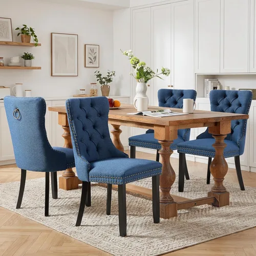 Miniatura 12 de SoarFlash Juego de 2 sillas de comedor de tela de lino, sillas de comedor tapizadas con ribete de cabeza de clavo y patas de madera de color claro