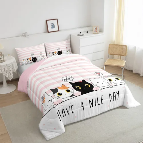 Miniatura 73 de Erosebridal Juego de ropa de cama para niños, tamaño individual, diseño de gatos de dibujos animados, para niñas, niños y adolescentes, edredón