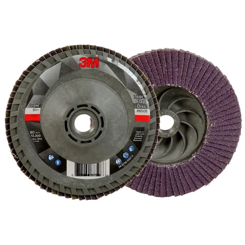 Miniatura 32 de 3M Disco de Solapa 769F, Tipo 27, 80+, 4-1/2 in x 7/8 in, Abrasivo de Alto Rendimiento, Disco de Rectificado y Acabado de Grano Cerámico