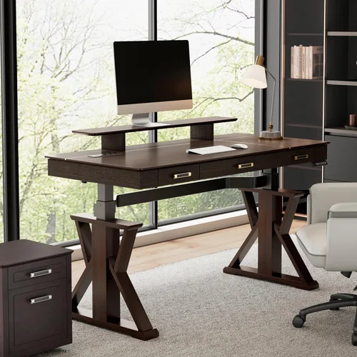 Miniatura 9 de EUREKA ERGONOMIC Escritorio de pie de cuero, escritorio ejecutivo de 1.52 m con cajones, escritorio moderno de pie y sentado con patas en forma de X