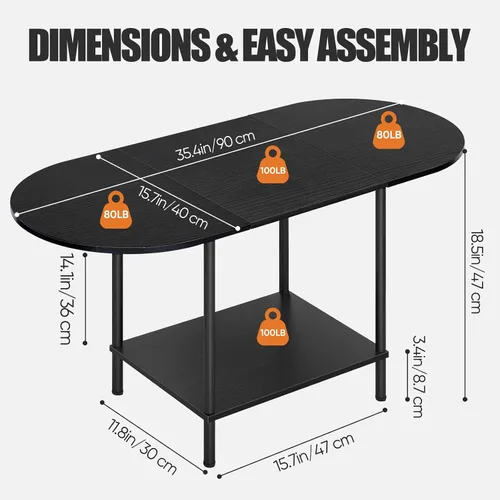 Miniatura 2 de Mesas de café negras para sala de estar, mesa de centro oval pequeña de mediados de siglo con estante de almacenamiento y tablero de madera, mesa