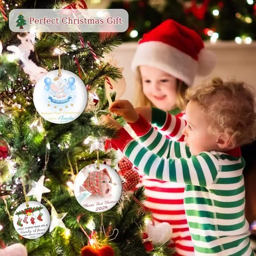 Miniatura 7 de Adornos personalizados para la primera Navidad del bebé 2024 con nombre y texto, adorno de elefante personalizado para bebés recién nacidos