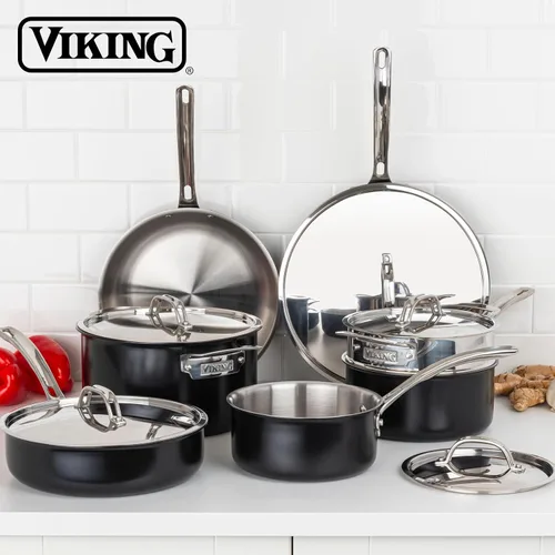 Miniatura 6 de Viking Juego de ollas y sartenes de 3 capas, juego de utensilios de cocina de acero inoxidable de 12 piezas con tapas, apto para lavavajillas, listo